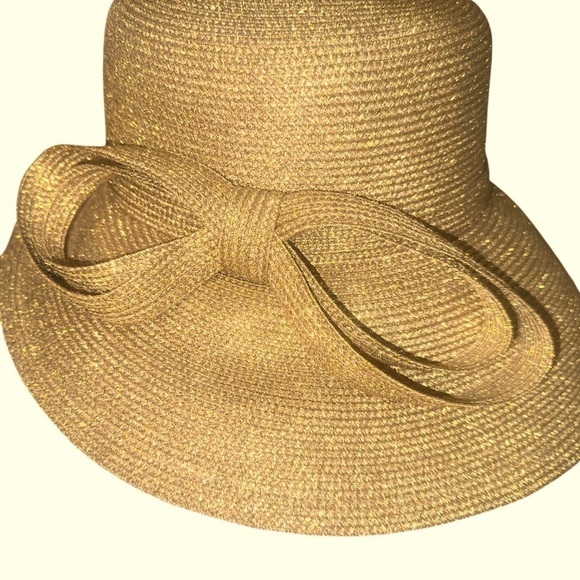 Elegant Gold Shimmer Wide Brim Hat with Sculpted Bow – Fine Millinery by August main image 5